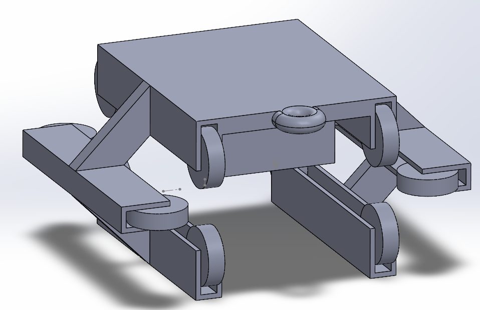 CAD model of the launch carriage — a flat platform for the drone, carried on four bracket arms with guide rollers that run along the rail