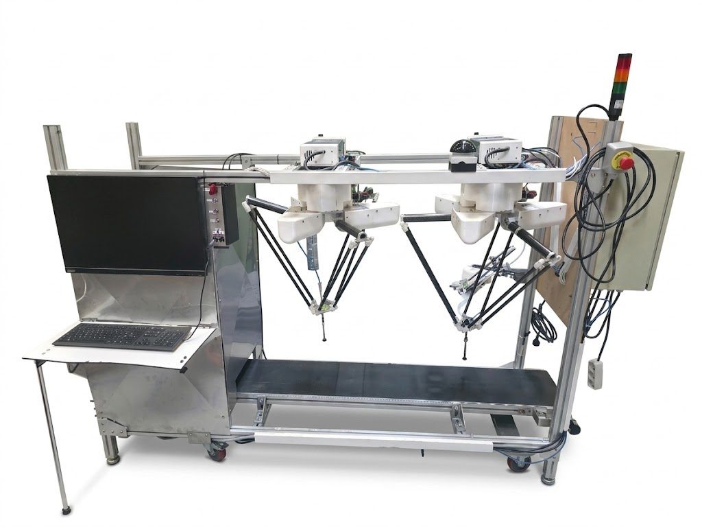 The G.O.O.N.E.R machine: an aluminium profile frame carrying two delta robots above a conveyor belt, with a control cabinet, signal tower and operator terminal